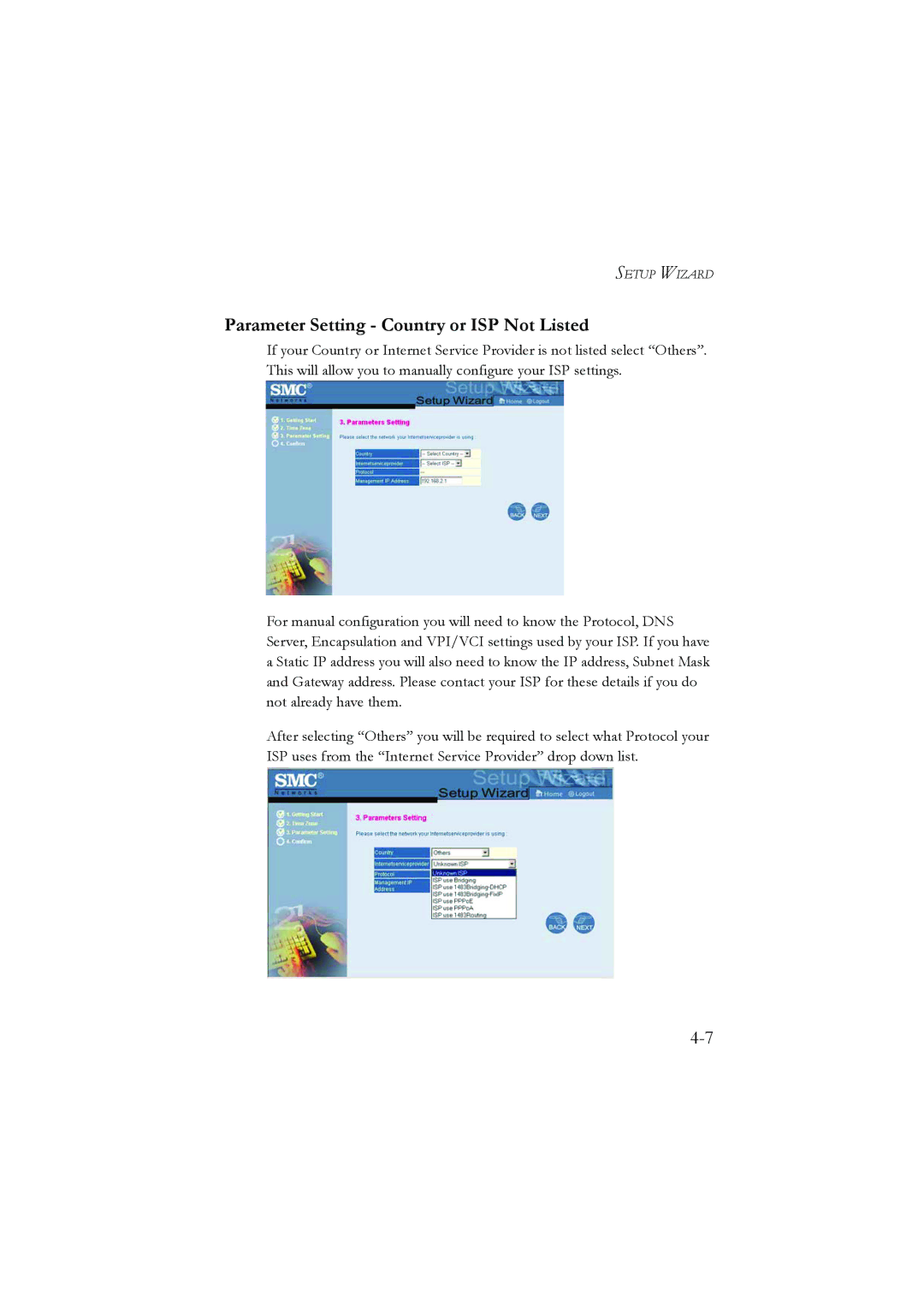 SMC Networks SMC7804WBRA manual Parameter Setting Country or ISP Not Listed 