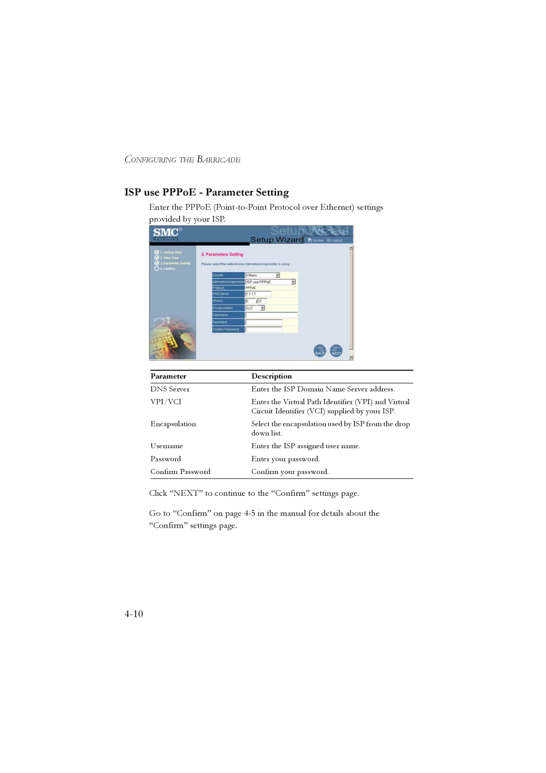 SMC Networks SMC7804WBRA manual ISP use PPPoE Parameter Setting 