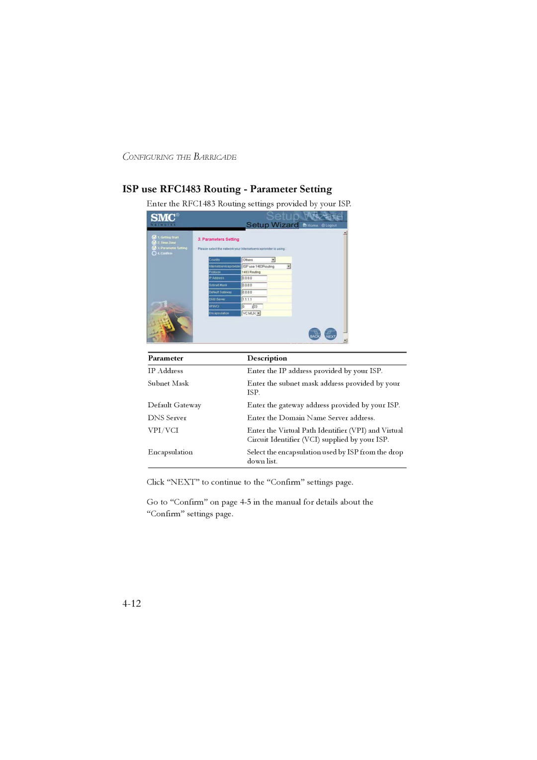 SMC Networks SMC7804WBRA manual ISP use RFC1483 Routing Parameter Setting 