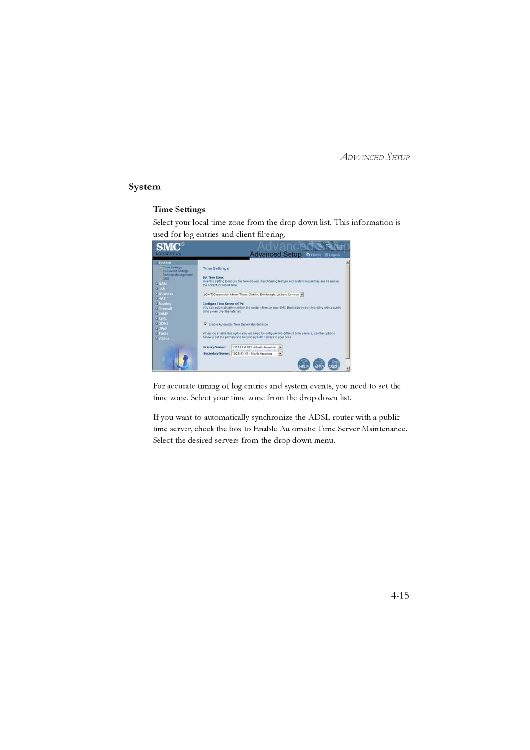 SMC Networks SMC7804WBRA manual System, Time Settings 