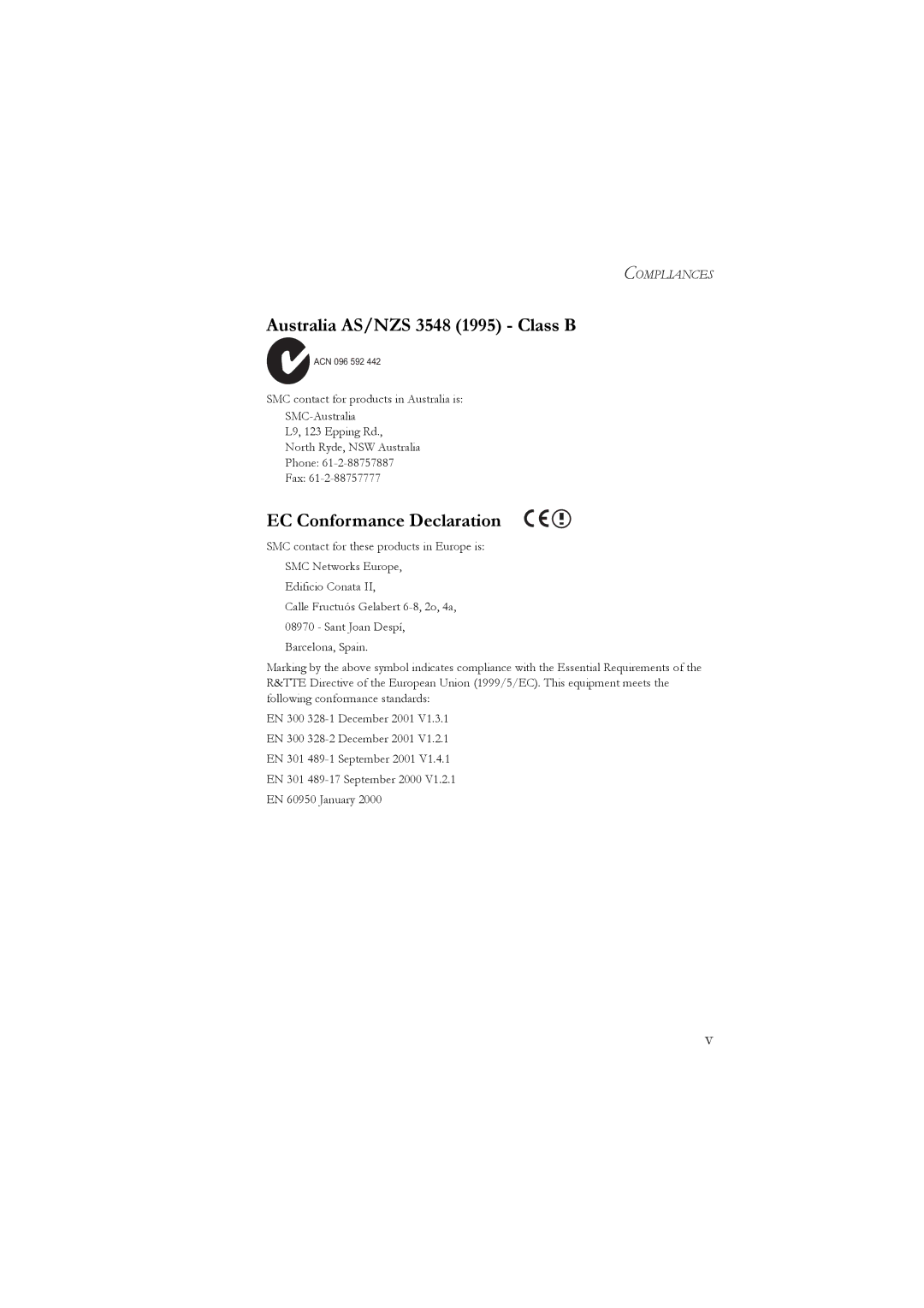 SMC Networks SMC7804WBRA manual Australia AS/NZS 3548 1995 Class B, EC Conformance Declaration 