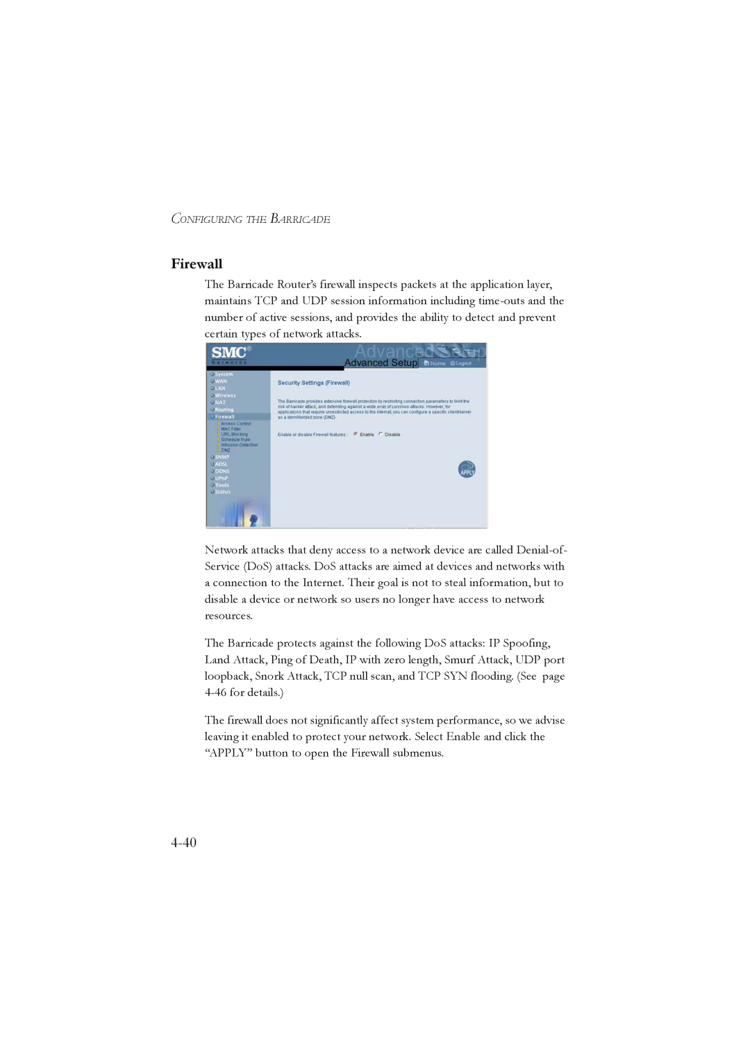 SMC Networks SMC7804WBRA manual Firewall 