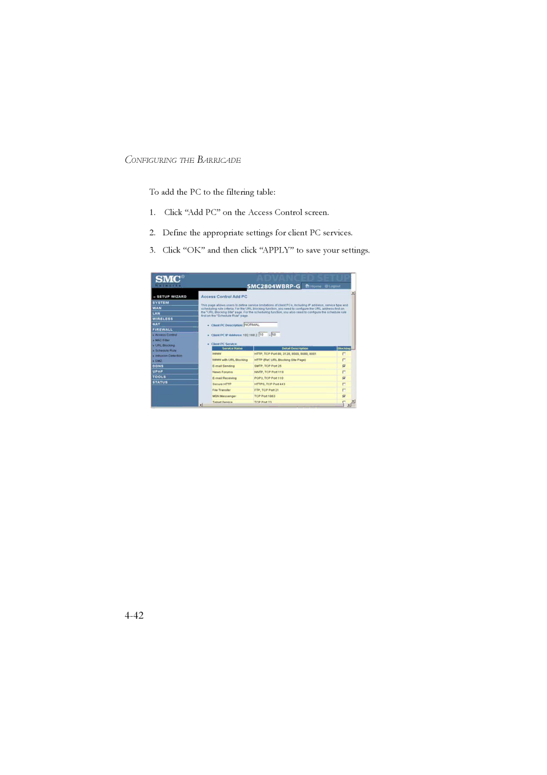 SMC Networks SMC7804WBRA manual Configuring the Barricade 