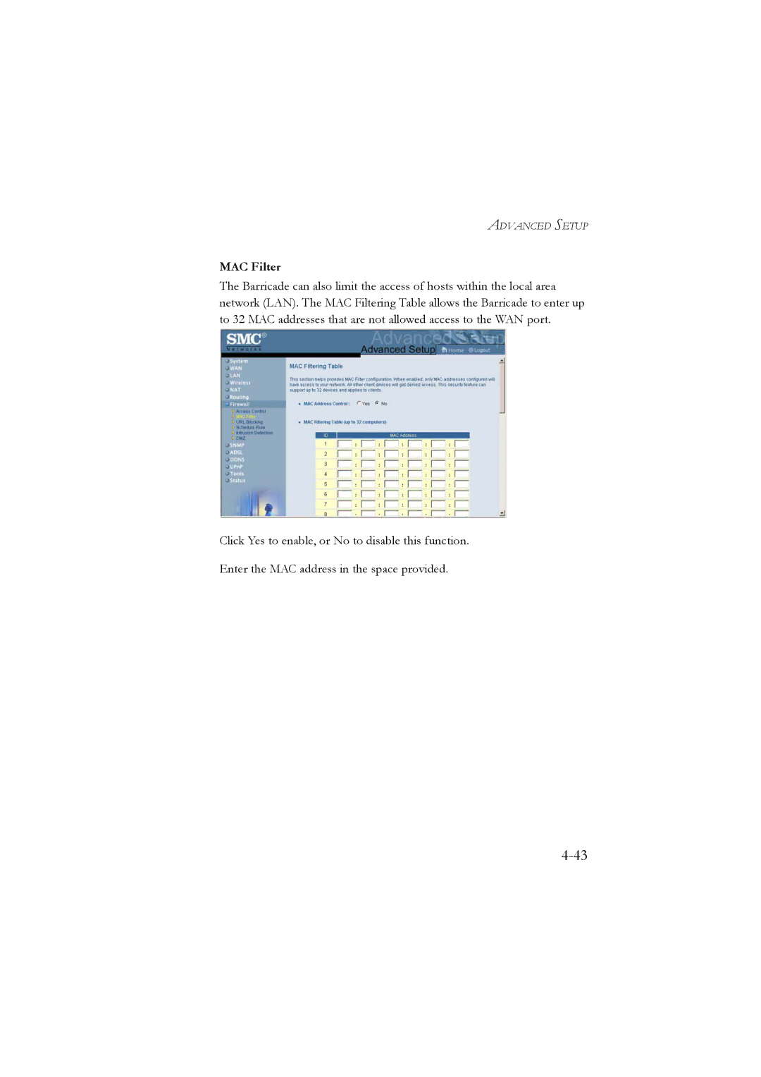 SMC Networks SMC7804WBRA manual MAC Filter 