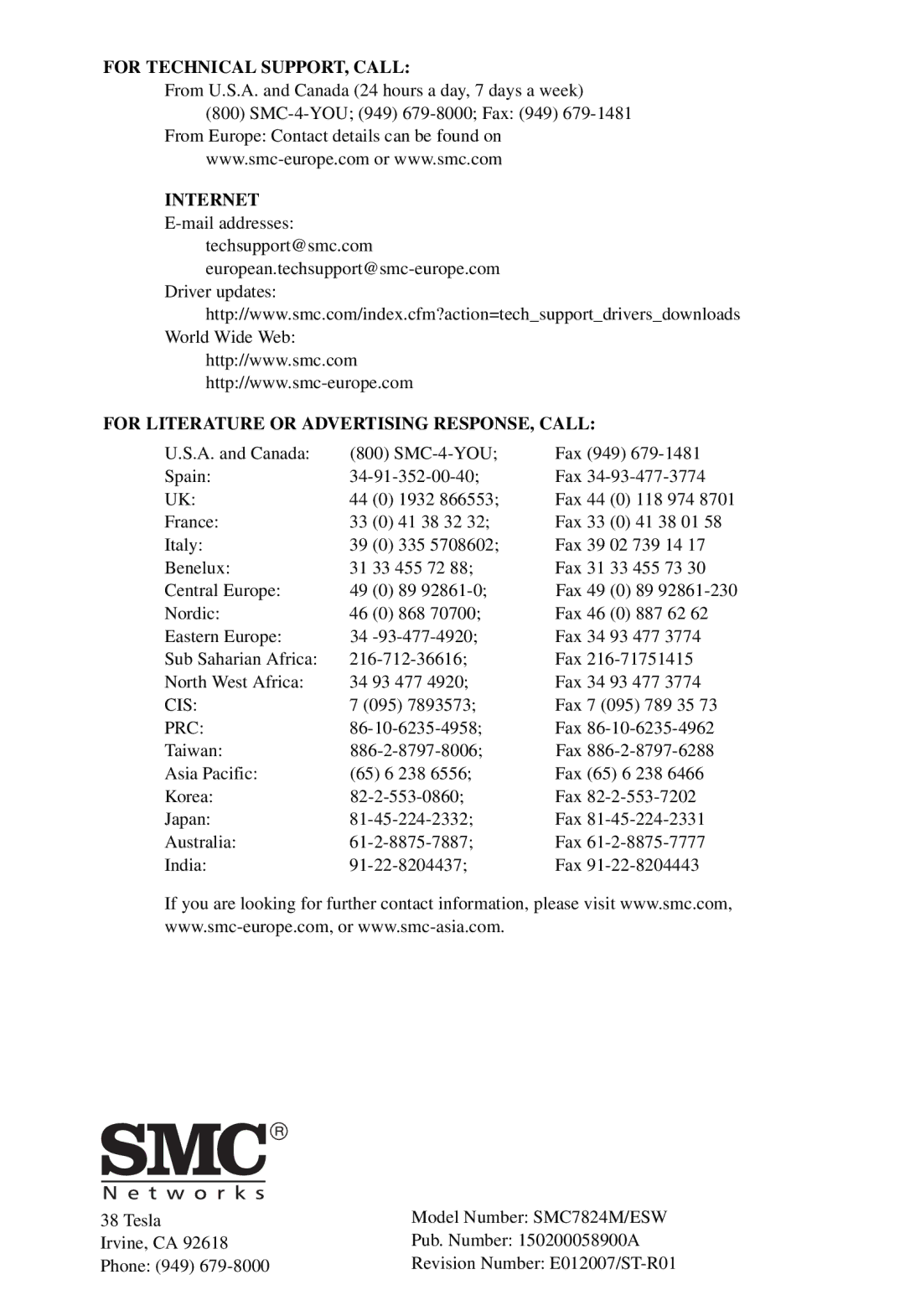 SMC Networks SMC7824M/ESW manual For Technical SUPPORT, Call 