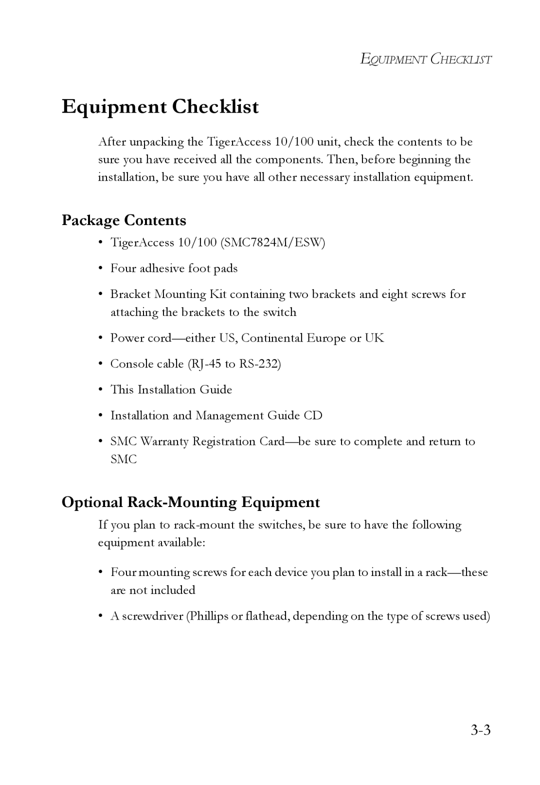 SMC Networks SMC7824M/ESW manual Equipment Checklist, Package Contents, Optional Rack-Mounting Equipment 