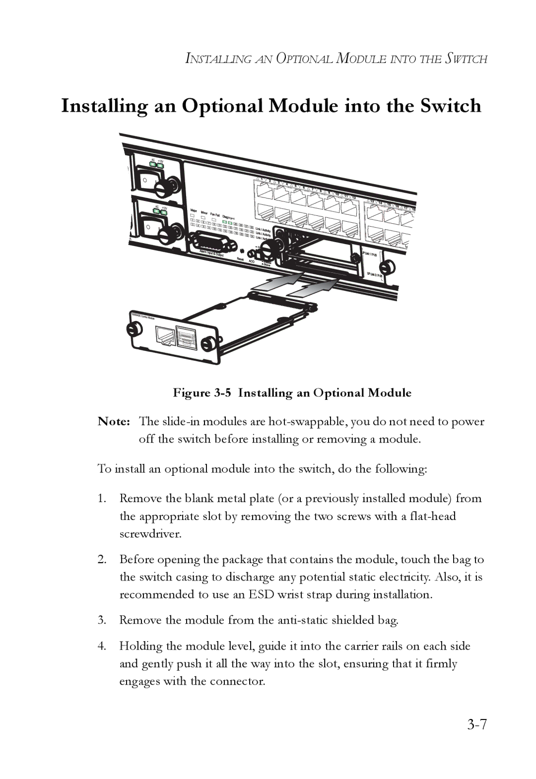 SMC Networks SMC7824M/ESW manual Installing an Optional Module into the Switch 