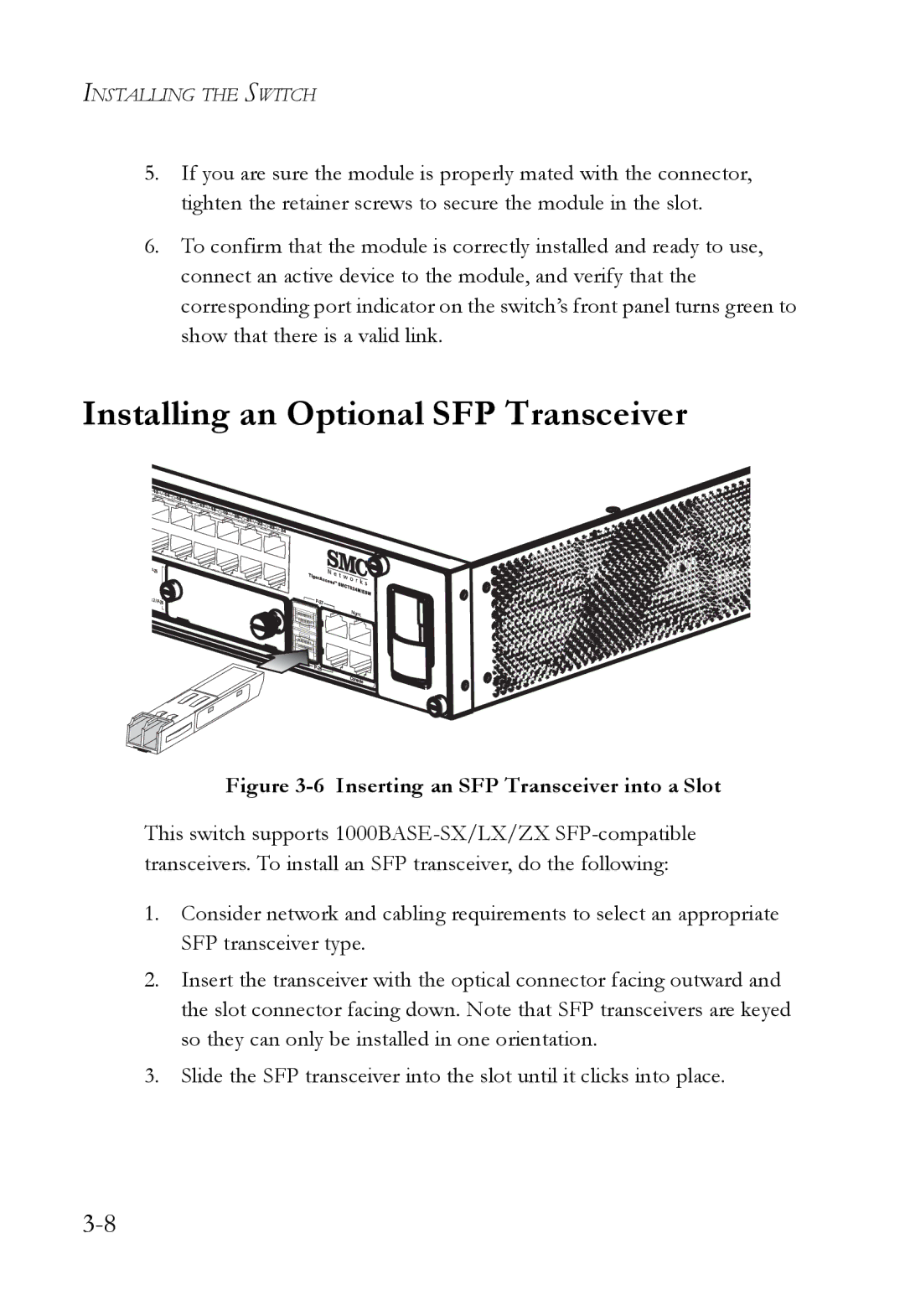 SMC Networks SMC7824M/ESW manual Installing an Optional SFP Transceiver, Inserting an SFP Transceiver into a Slot 