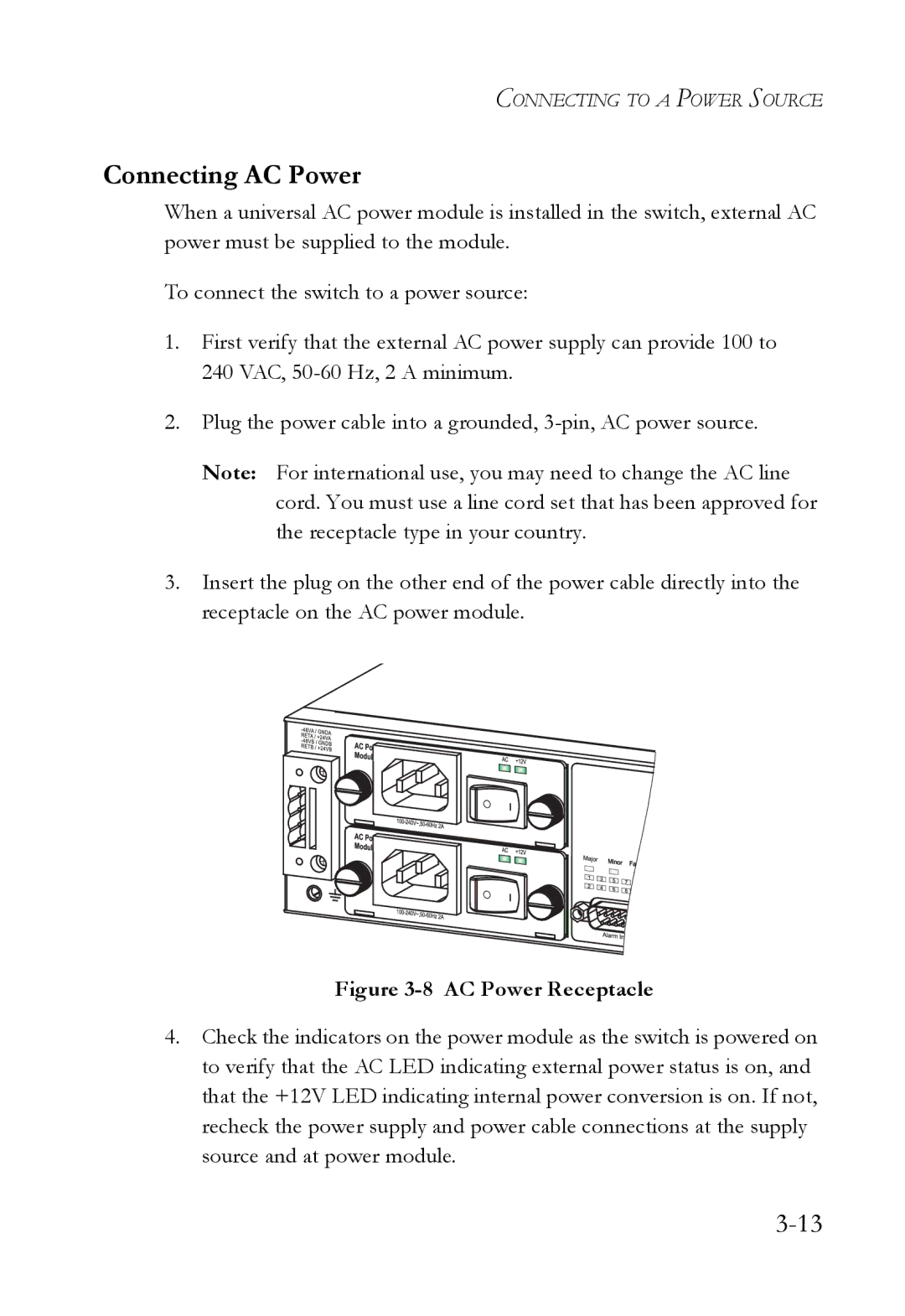 SMC Networks SMC7824M/ESW manual Connecting AC Power, AC Power Receptacle 