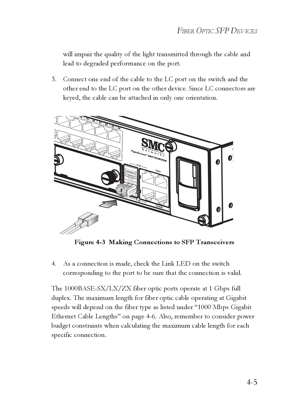 SMC Networks SMC7824M/ESW manual Making Connections to SFP Transceivers 