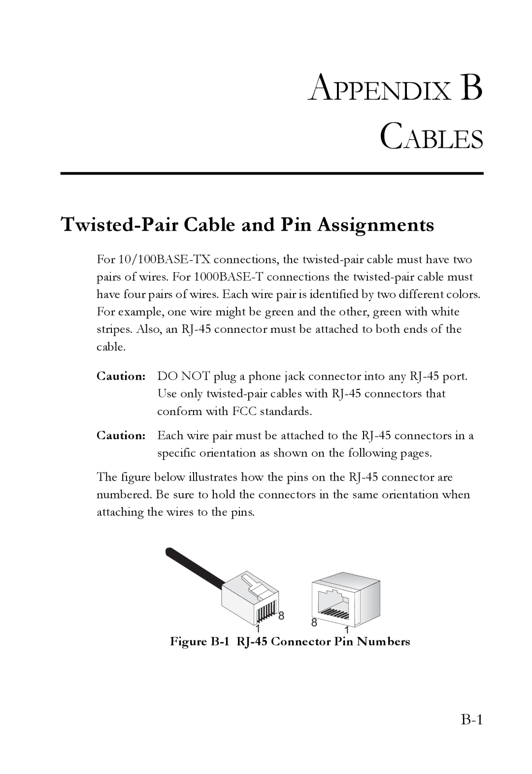 SMC Networks SMC7824M/ESW manual Appendix B Cables, Twisted-Pair Cable and Pin Assignments 