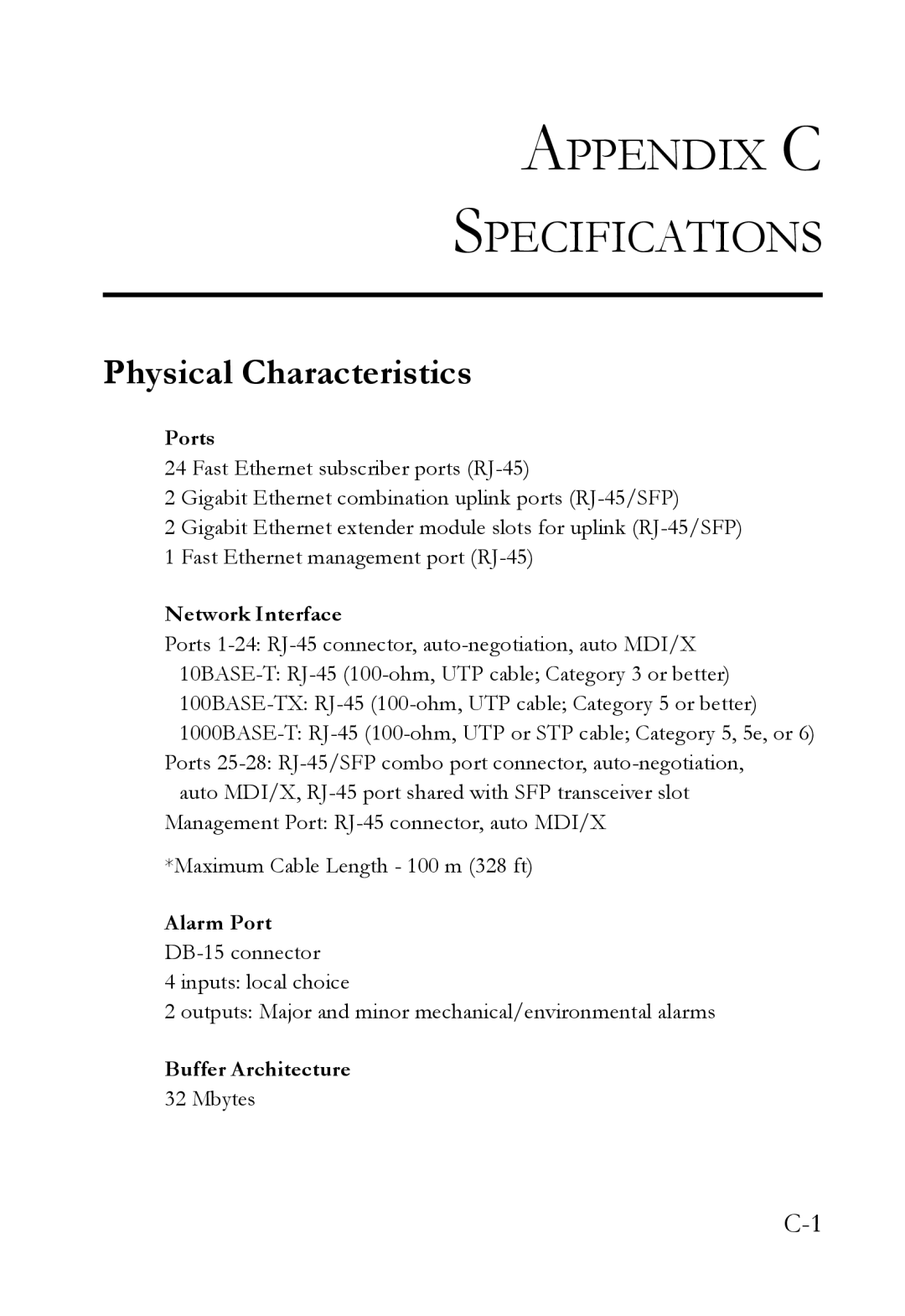 SMC Networks SMC7824M/ESW manual Appendix C Specifications, Physical Characteristics 