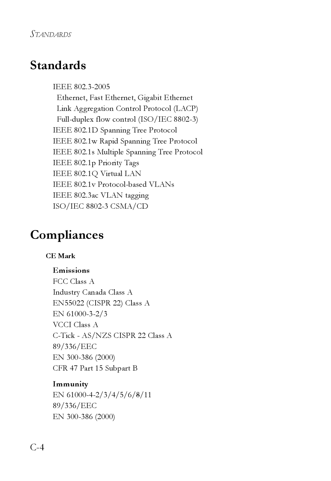 SMC Networks SMC7824M/ESW manual Standards, Compliances, Emissions, Immunity 