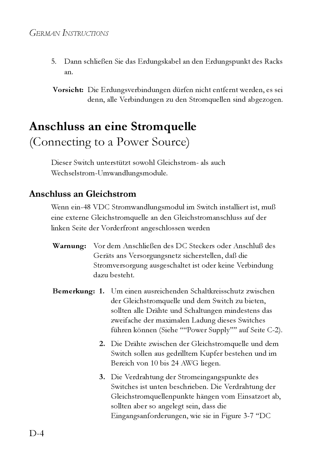 SMC Networks SMC7824M/ESW manual Anschluss an eine Stromquelle, Anschluss an Gleichstrom 