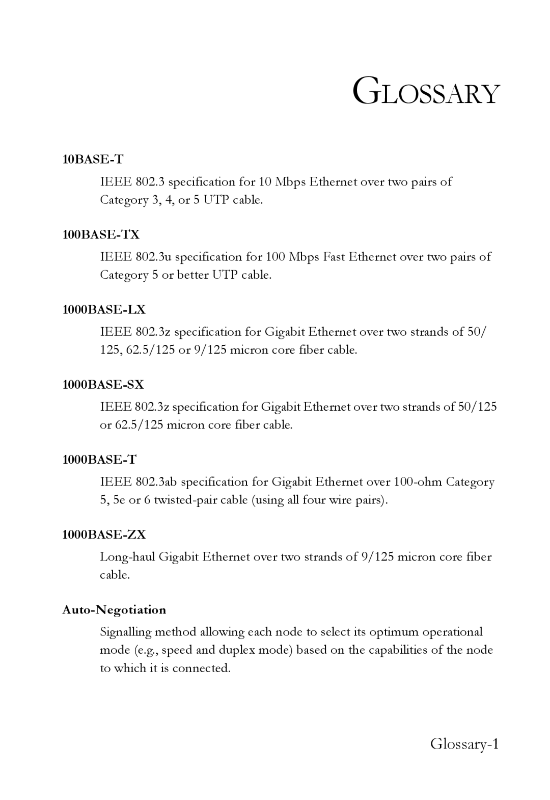 SMC Networks SMC7824M/ESW manual Glossary-1, 1000BASE-T, Auto-Negotiation 