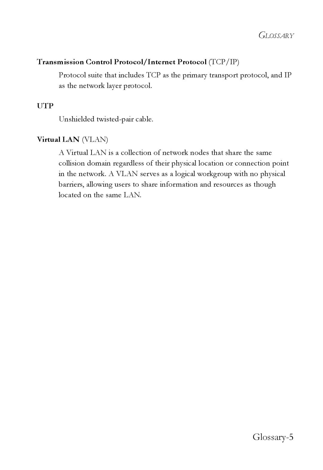 SMC Networks SMC7824M/ESW manual Glossary-5, Transmission Control Protocol/Internet Protocol TCP/IP, Virtual LAN Vlan 