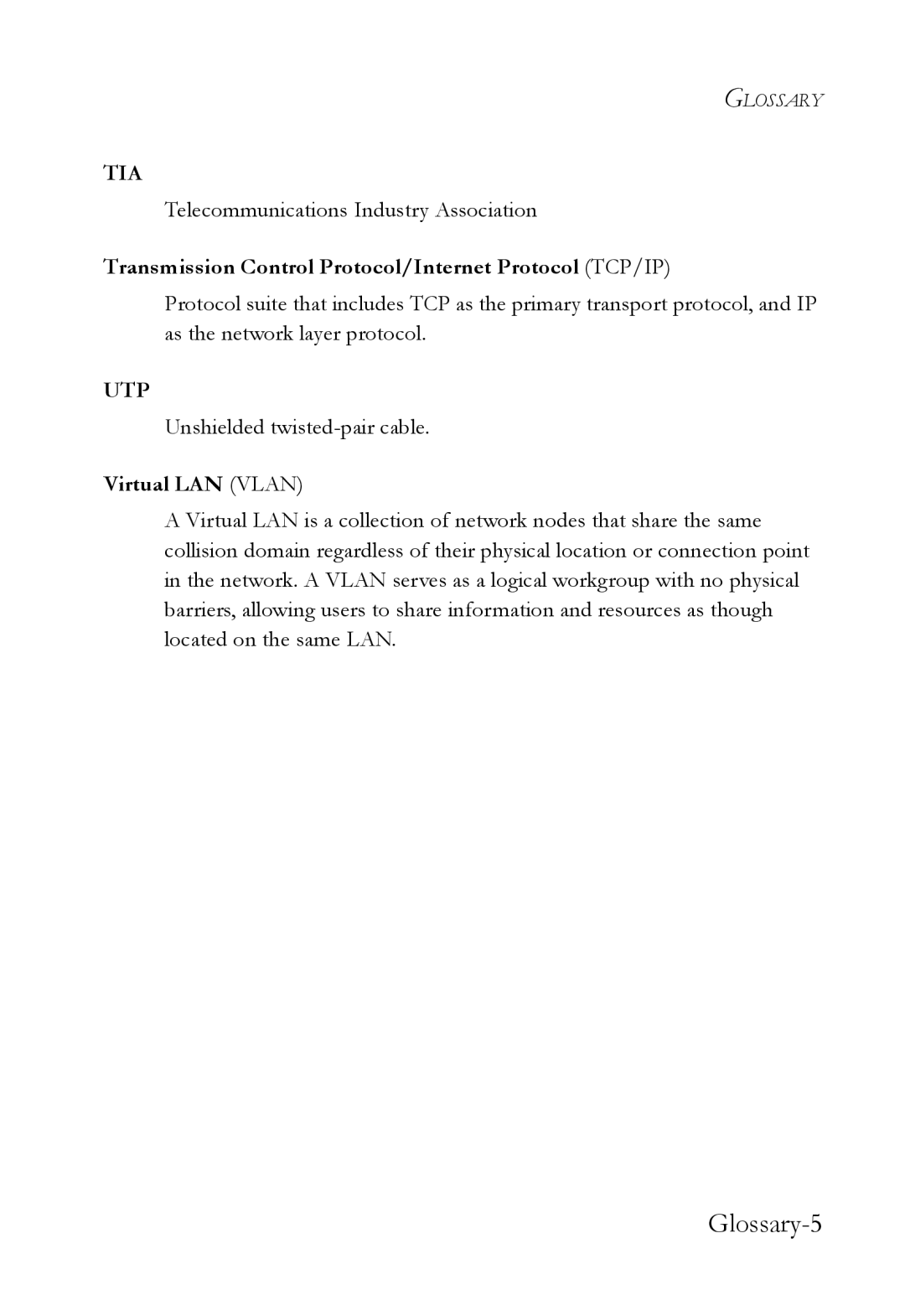 SMC Networks SMC7824M/FSW manual Glossary-5, Transmission Control Protocol/Internet Protocol TCP/IP, Virtual LAN Vlan 