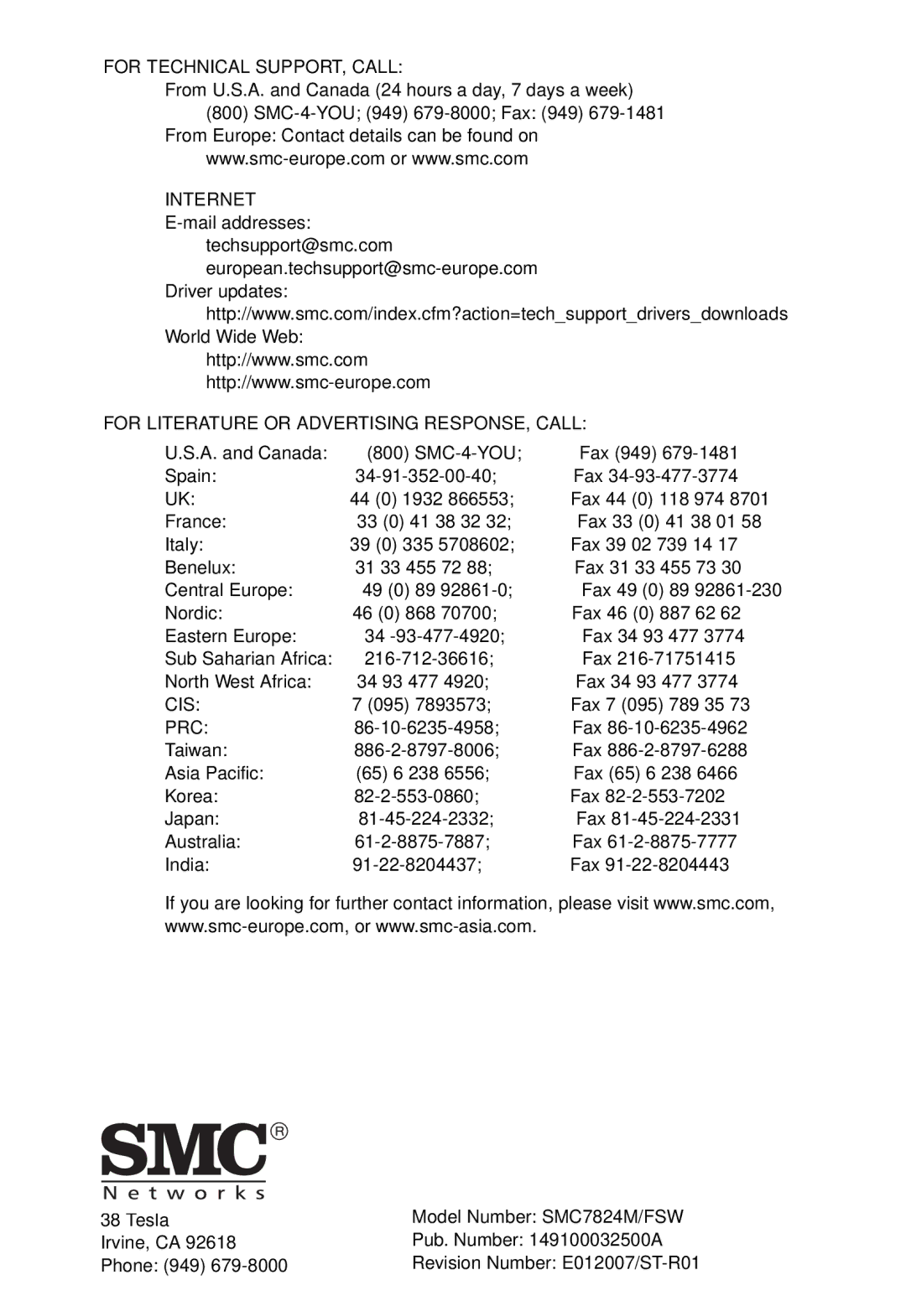 SMC Networks SMC7824M/FSW manual For Technical SUPPORT, Call 