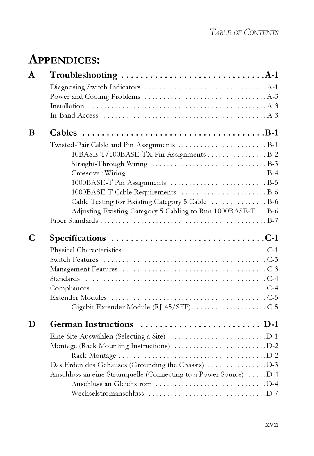 SMC Networks SMC7824M/FSW manual Troubleshooting, Cables, Specifications, German Instructions, Xvii 