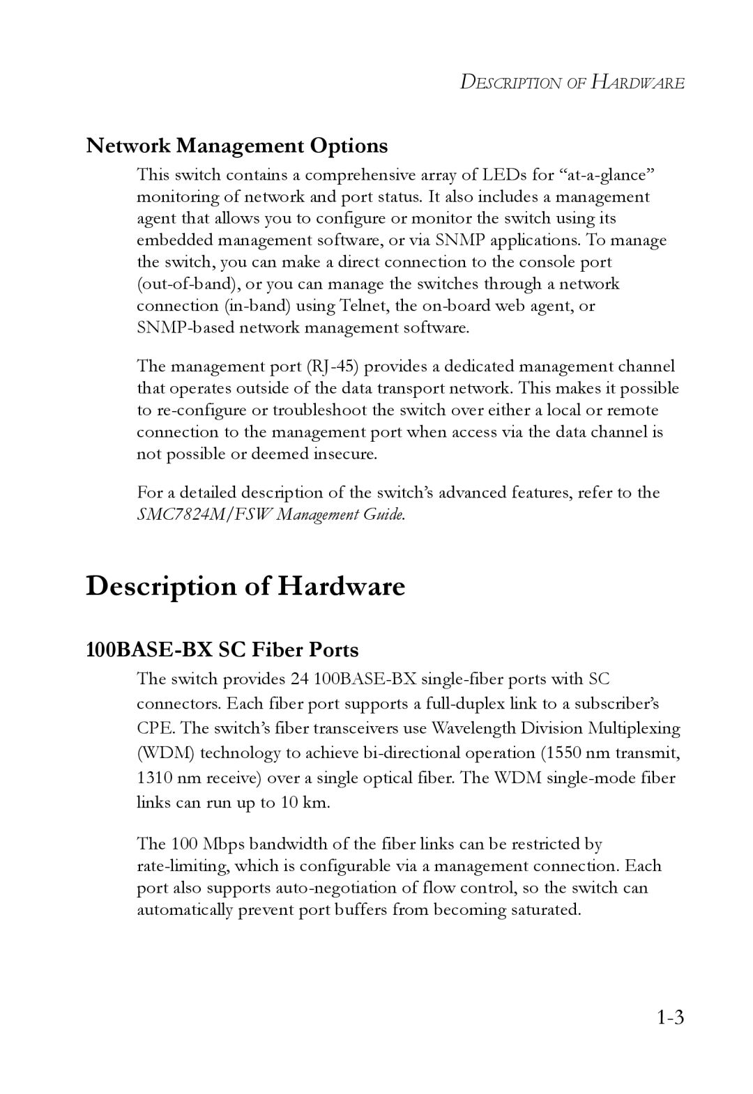 SMC Networks SMC7824M/FSW manual Description of Hardware, Network Management Options, 100BASE-BX SC Fiber Ports 