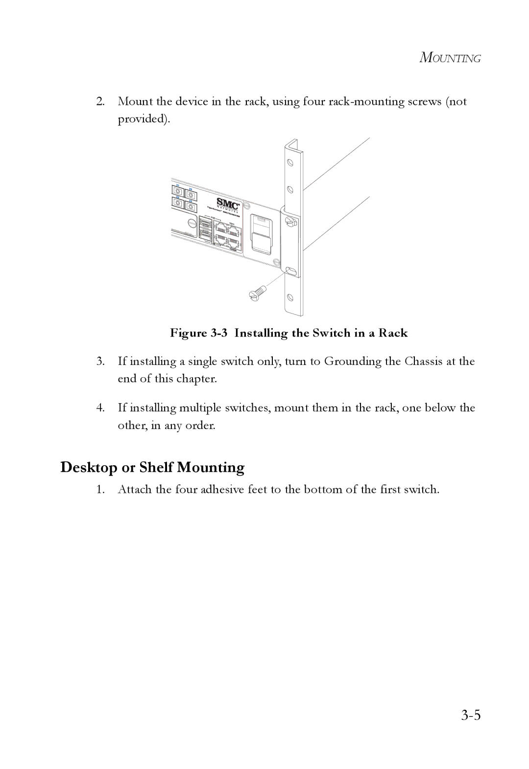 SMC Networks SMC7824M/FSW manual Desktop or Shelf Mounting, Installing the Switch in a Rack 