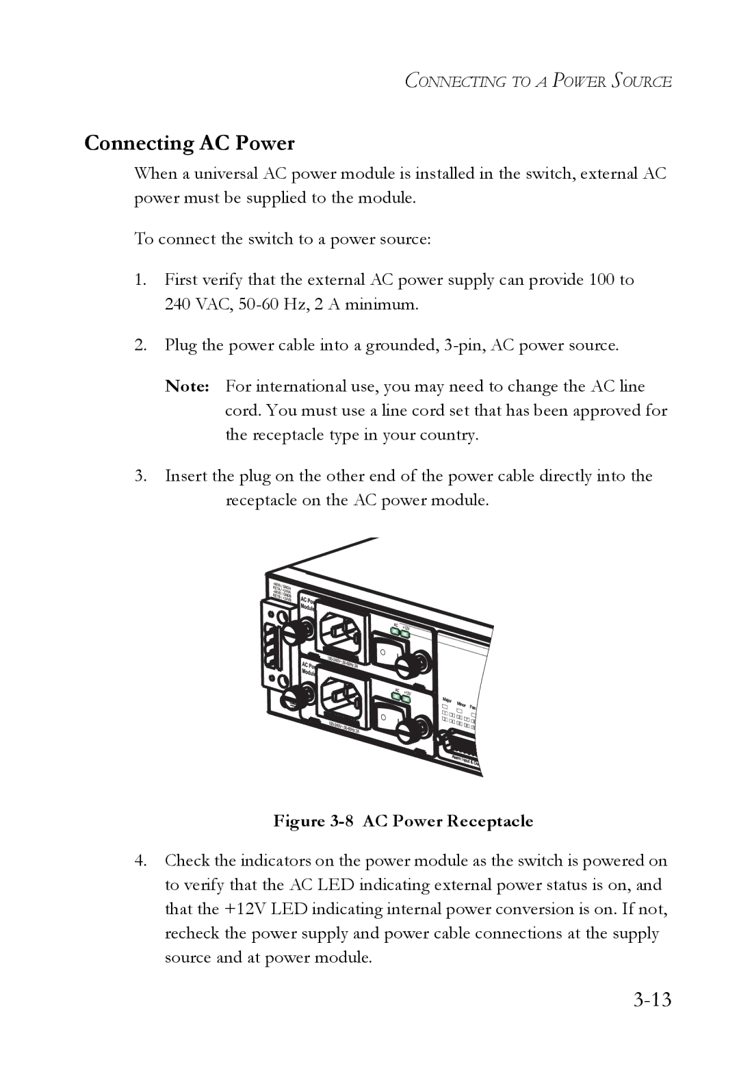 SMC Networks SMC7824M/FSW manual Connecting AC Power, AC Power Receptacle 