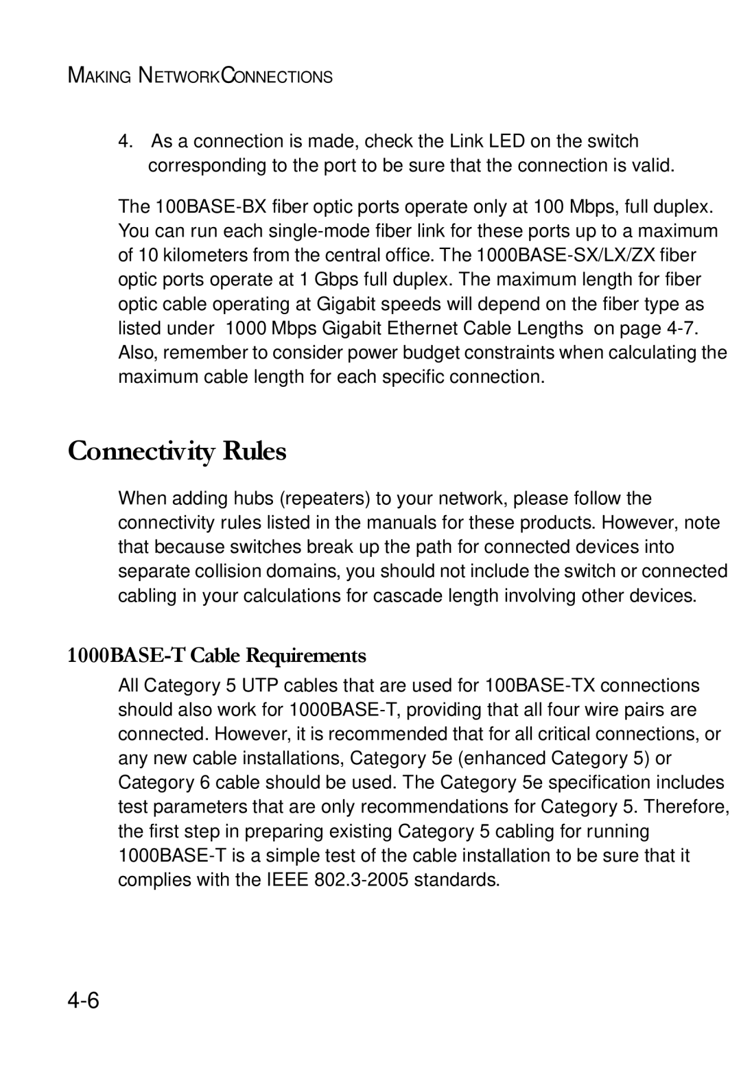 SMC Networks SMC7824M/FSW manual Connectivity Rules, 1000BASE-T Cable Requirements 