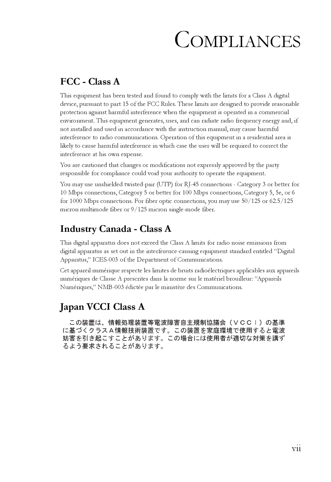 SMC Networks SMC7824M/FSW manual Compliances, FCC Class a, Industry Canada Class a, Japan Vcci Class a, Vii 