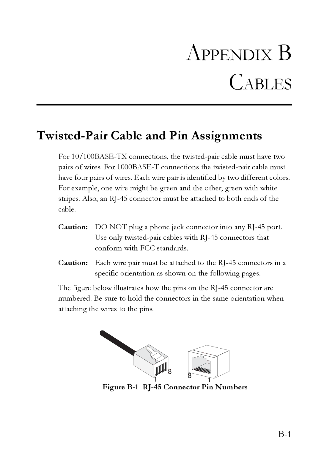 SMC Networks SMC7824M/FSW manual Appendix B Cables, Twisted-Pair Cable and Pin Assignments 