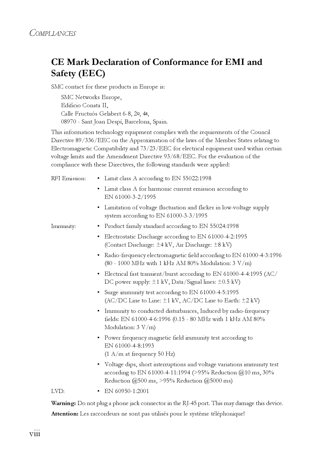 SMC Networks SMC7824M/FSW manual CE Mark Declaration of Conformance for EMI and Safety EEC, Viii 