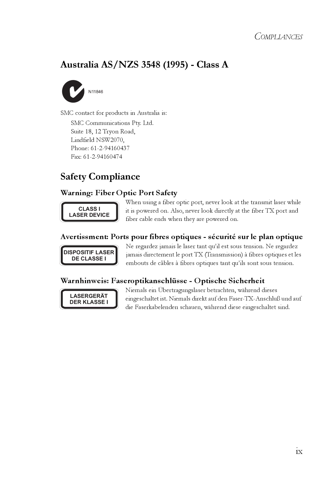 SMC Networks SMC7824M/FSW manual Australia AS/NZS 3548 1995 Class a, Safety Compliance 