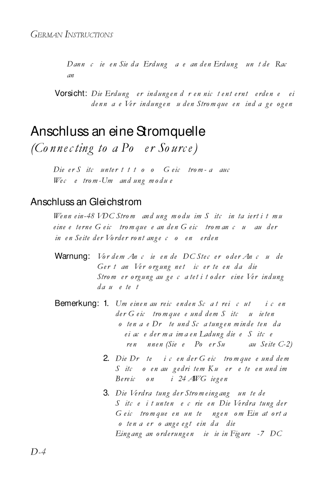 SMC Networks SMC7824M/FSW manual Anschluss an eine Stromquelle, Anschluss an Gleichstrom 