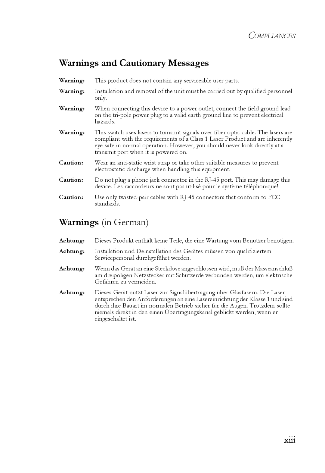 SMC Networks SMC7824M/FSW manual Warnings and Cautionary Messages, Warnings in German, xiii, Compliances 