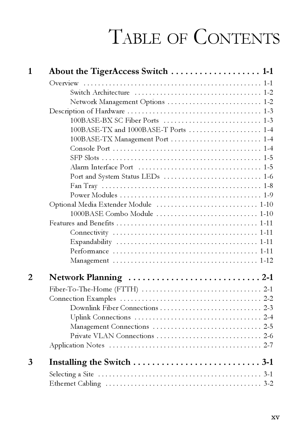 SMC Networks SMC7824M/FSW manual Table Of Contents, About the TigerAccess Switch, Network Planning, Installing the Switch 