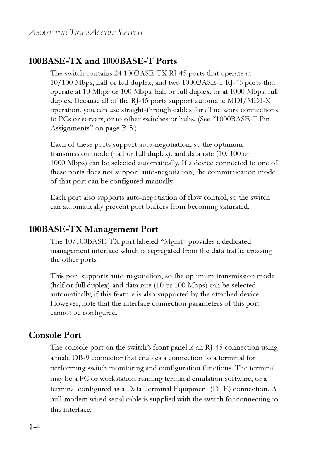 SMC Networks SMC7824M/FSW manual 100BASE-TX and 1000BASE-T Ports, 100BASE-TX Management Port, Console Port 