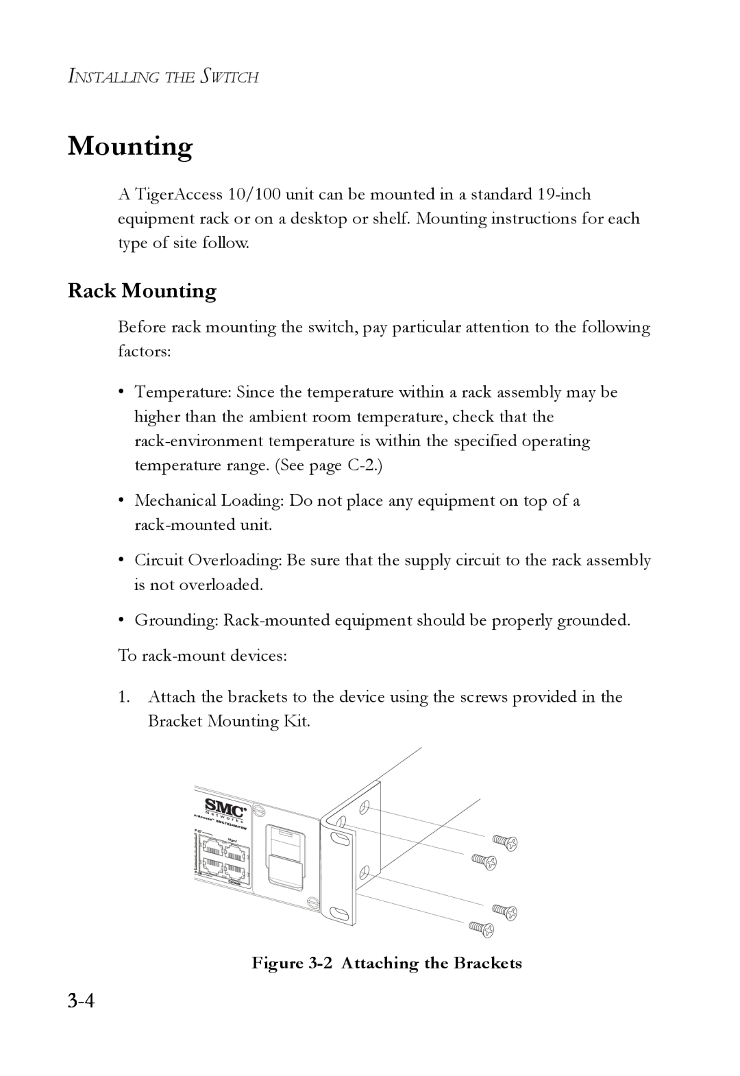 SMC Networks SMC7824M/FSW manual Rack Mounting, 2 Attaching the Brackets 
