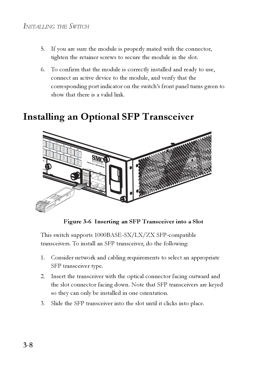 SMC Networks SMC7824M/FSW manual Installing an Optional SFP Transceiver, 6 Inserting an SFP Transceiver into a Slot 