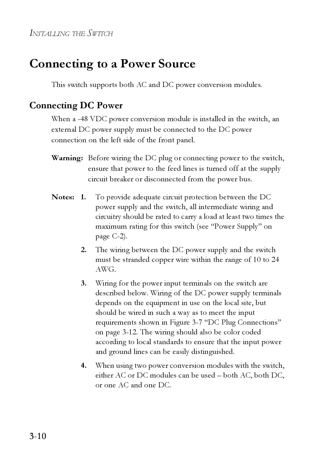 SMC Networks SMC7824M/FSW manual Connecting to a Power Source, Connecting DC Power, 3-10 