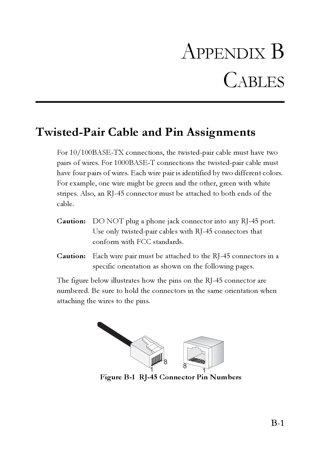 SMC Networks SMC7824M/FSW manual Appendix B Cables, Twisted-Pair Cable and Pin Assignments 