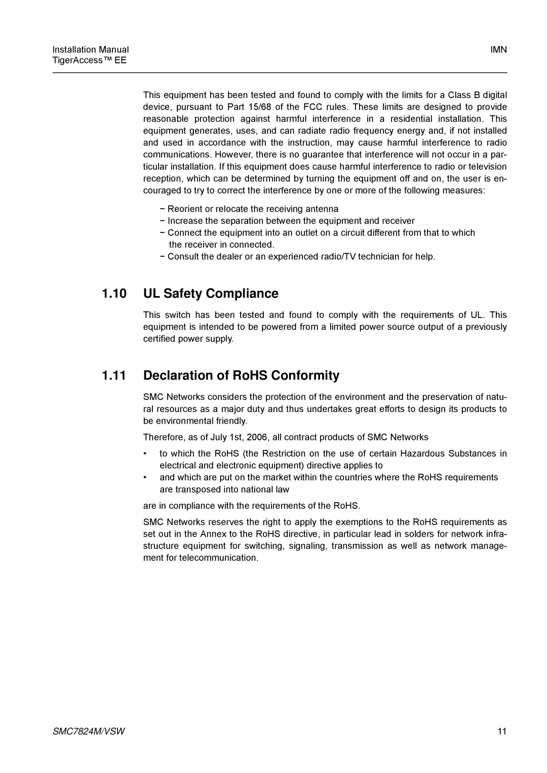 SMC Networks SMC7824M/VSW manual UL Safety Compliance, Declaration of RoHS Conformity 