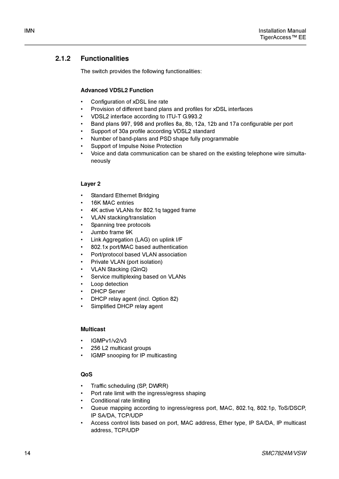 SMC Networks SMC7824M/VSW manual Functionalities, Advanced VDSL2 Function, Layer, Multicast, QoS 