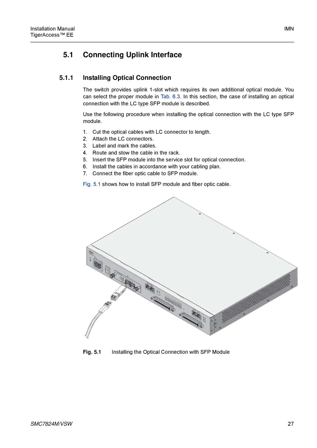 SMC Networks SMC7824M/VSW manual Connecting Uplink Interface, Installing Optical Connection 