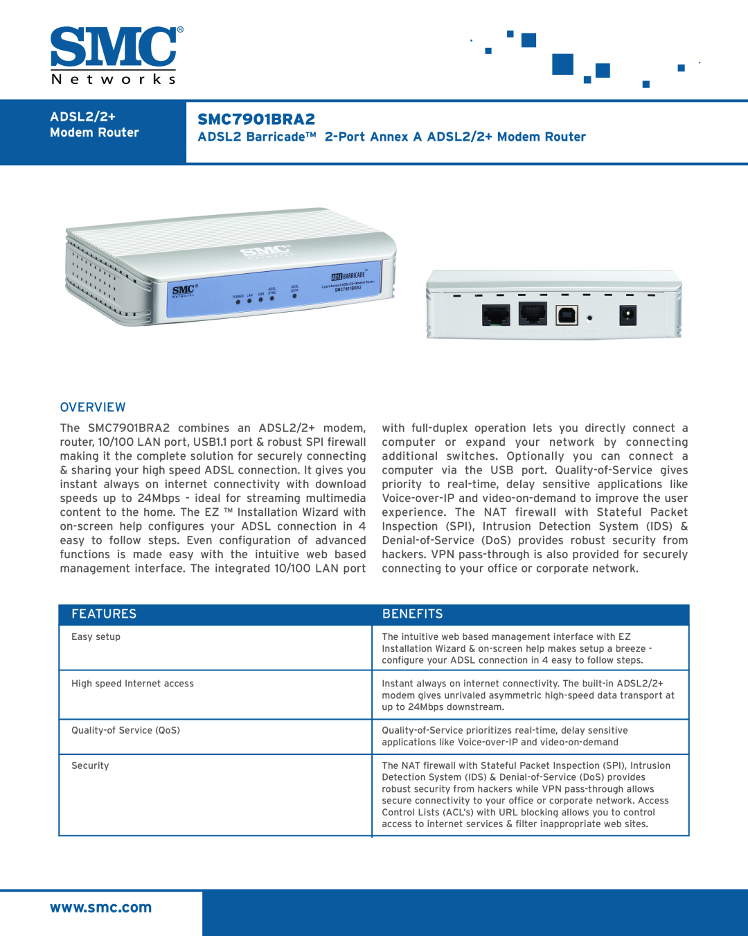 SMC Networks SMC7901BRA2 manual ADSL2 Barricade 2-Port Annex A ADSL2/2+ Modem Router, Overview, Features, Benefits 