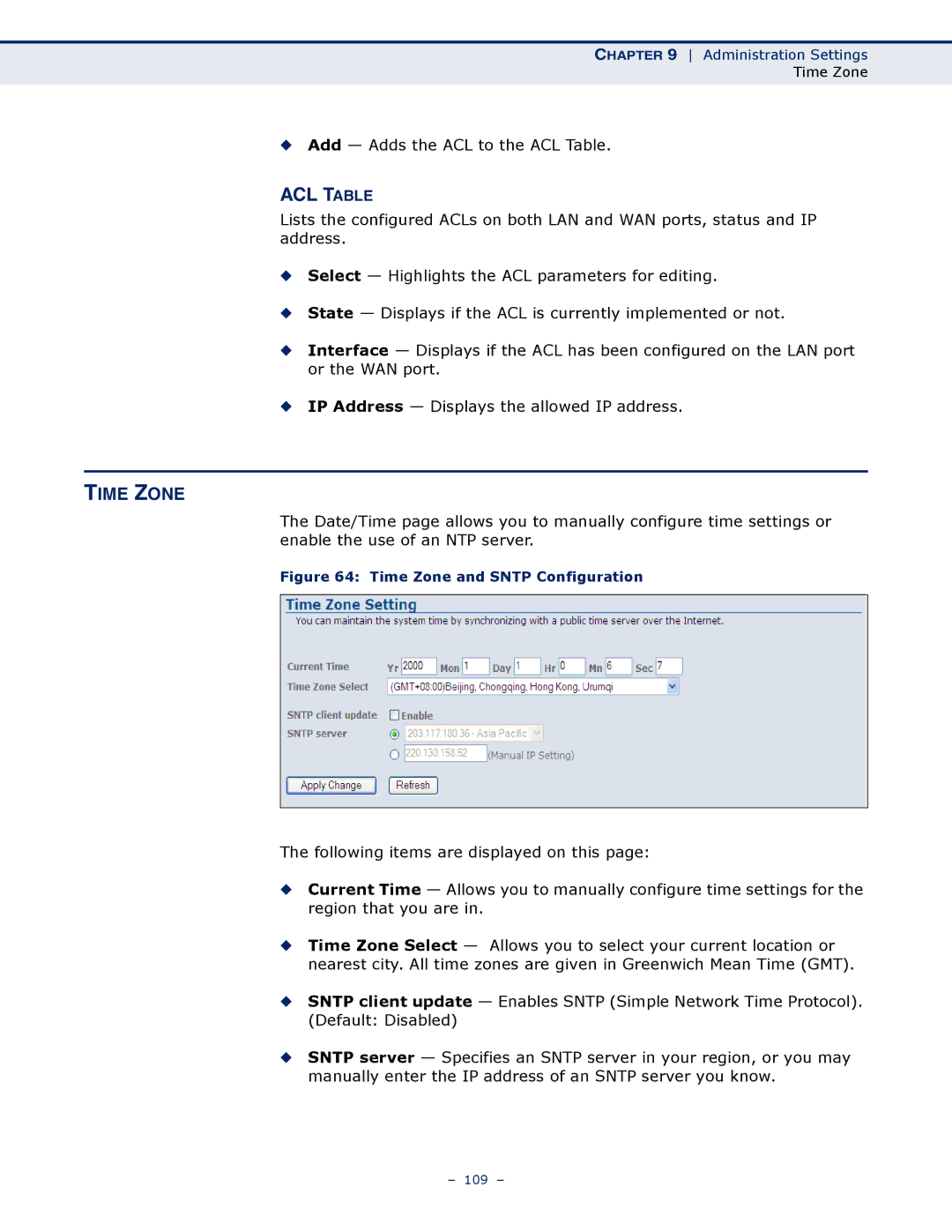 SMC Networks SMC7901WBRA2 B1 manual ACL Table, Time Zone 