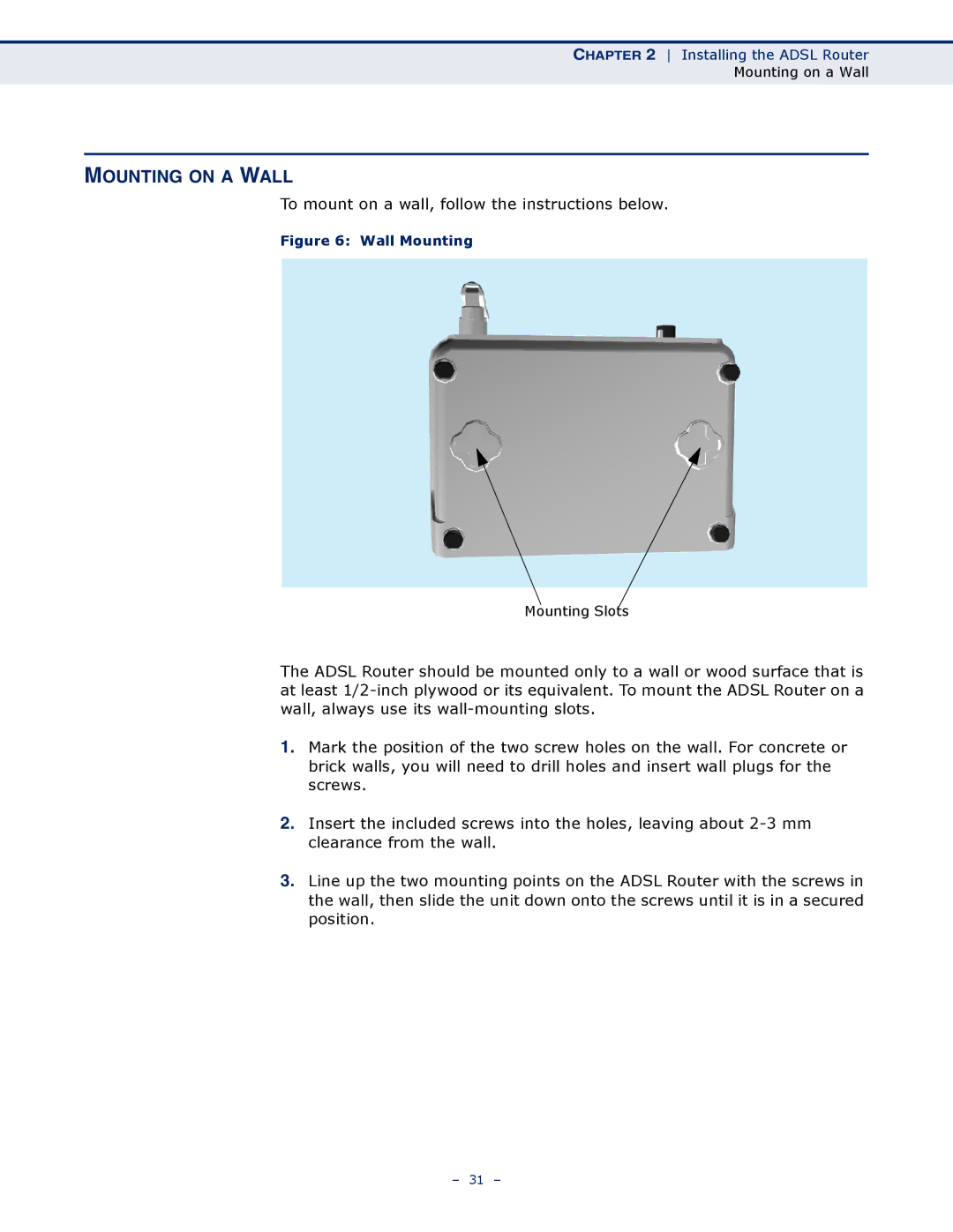 SMC Networks SMC7901WBRA2 B1 manual Mounting on a Wall, Wall Mounting 