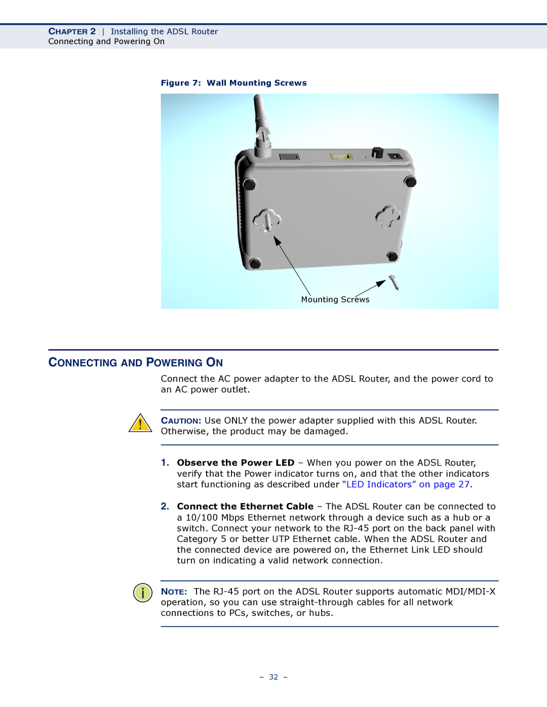 SMC Networks SMC7901WBRA2 B1 manual Connecting and Powering on, Wall Mounting Screws 