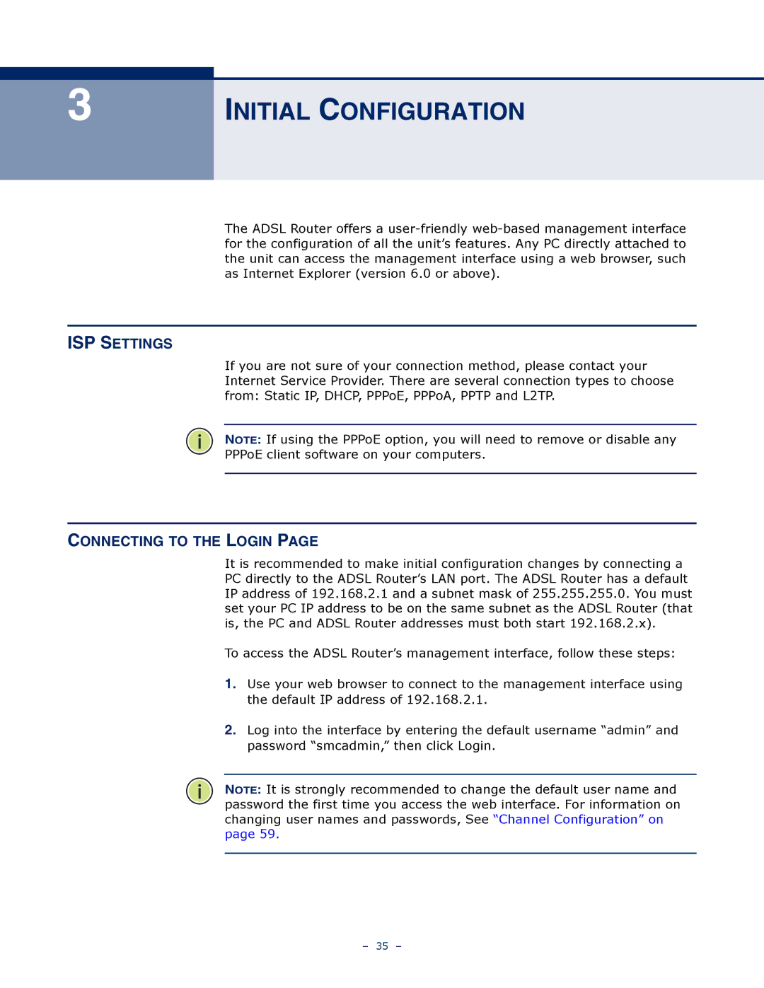 SMC Networks SMC7901WBRA2 B1 manual Initial Configuration, ISP Settings, Connecting to the Login 