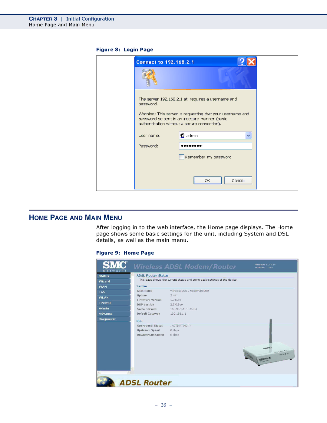 SMC Networks SMC7901WBRA2 B1 manual Home page and Main Menu, Login 