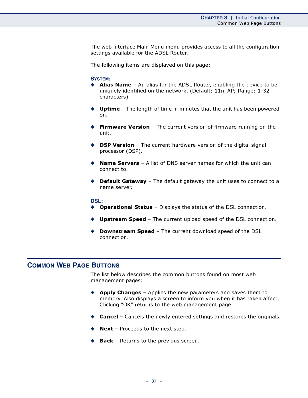 SMC Networks SMC7901WBRA2 B1 manual Common WEB page Buttons, Dsl 