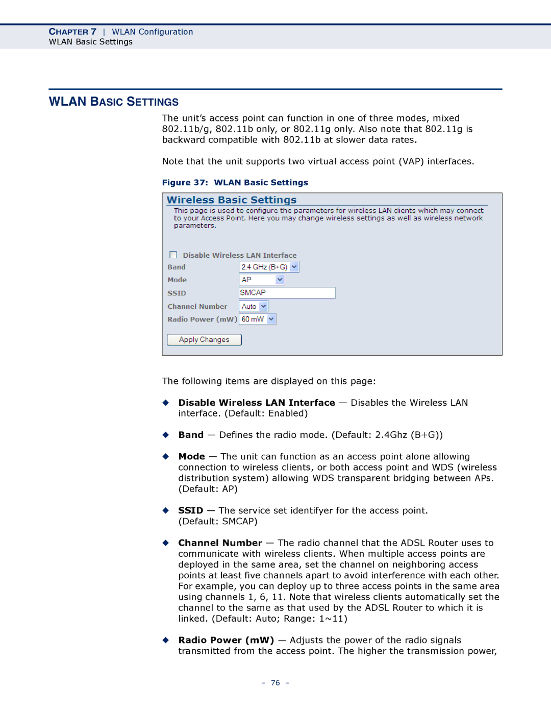 SMC Networks SMC7901WBRA2 B1 manual Wlan Basic Settings 